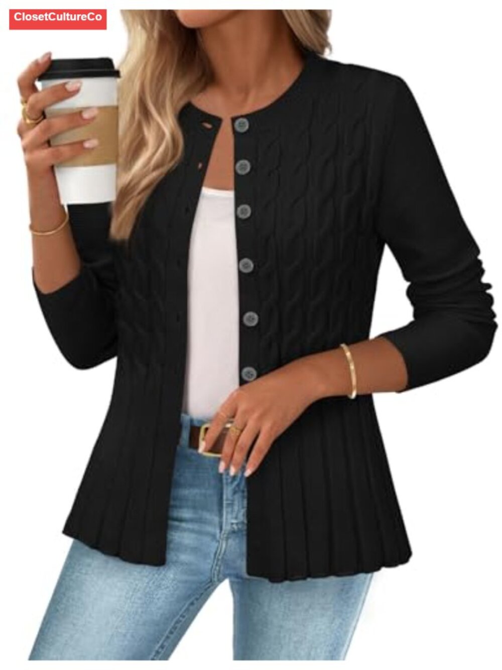 Cable Knit Peplum Cardigan Button Down Open Front Sweater Coat